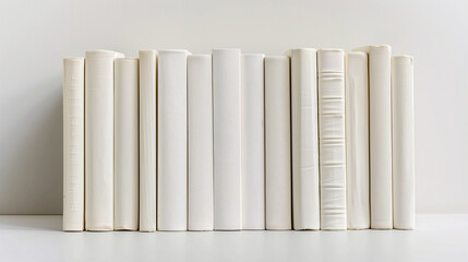 Mock-up of many book spines in various thickness and height with blank beige cover on a plain white background. New modern minimal books in edge view.