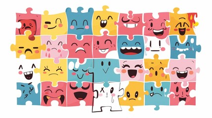Colored flat modern illustration isolated on white background of cute faces, funny characters, with expressions.