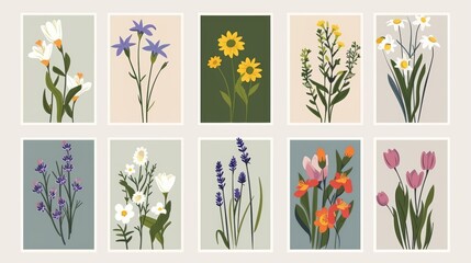 Set of spring and summer floral designs. Fields and meadows blooming with wildflowers, gentle lavender, crocuses, sunflowers. Flat modern illustrations.