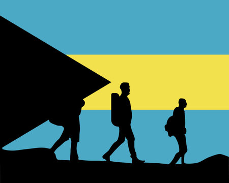 Immigration and refugees front of Bahamas flag, immigrant and refugee concept