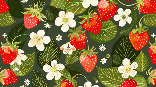 The seamless pattern design depicts strawberries and flowers along with berry leaves and repeating nature textures. Modern illustration suitable for wallpaper, wrapping, fabric, and textile