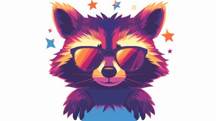 Funny funny cool raccoon in sunglasses. Sassy comic animal in star sunglasses. Funky mammal is macho and cute. Childish flat modern illustration isolated on white.