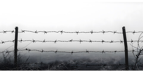 Silhouette of Barbed Wire Fence Against White Background - obrazy, fototapety, plakaty