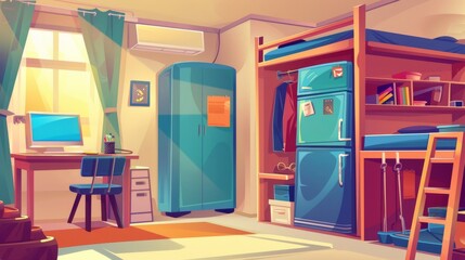 A dormitory bedroom with bunk beds, a computer on a desk, a wardrobe and a fridge. Modern cartoon of an interior of a college dorm, guest accommodation or a budget apartment for tourists. - obrazy, fototapety, plakaty