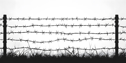 Silhouette of Barbed Wire Fence Against White Background - obrazy, fototapety, plakaty