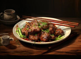 Traditional Asian Braised Pork Dish on Rustic Table