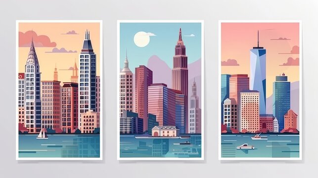 Modern illustration of cityscape cards. Modern highrise skyscrapers, multi-storey towers, cityscapes. Flat modern illustrations of urban construction, houses at sea, metropolitan and seaside