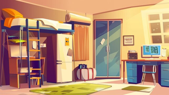 Student dormitory room, cartoon interior of a college dorm, guest accommodation, budget apartment for tourists. Cartoon interior of a college dorm, guest accommodation, budget apartment for tourists.