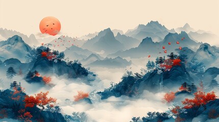 The abstract landscape offers a Japanese wave pattern modern banner. The invitation card features a line and circle element. It is designed in the vintage style with Asian traditional icon and symbol - obrazy, fototapety, plakaty