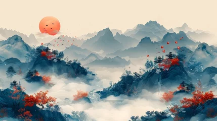 Poster The abstract landscape offers a Japanese wave pattern modern banner. The invitation card features a line and circle element. It is designed in the vintage style with Asian traditional icon and symbol © Mark