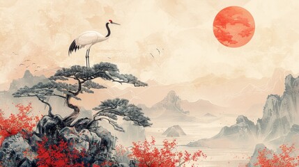 Bird cranes modern. Japanese background with bonsai tee modern. Oriental natural pattern with ocean sea decoration banner design in vintage style.
