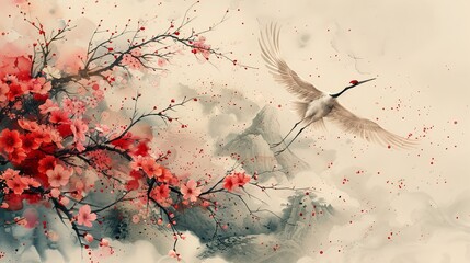 A crane birds modern background with a watercolor painting texture. A cherry blossom branch banner in a vintage style. A cherry blossom floral pattern element. - obrazy, fototapety, plakaty