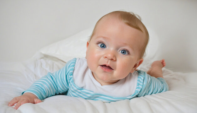 Portrait of cute caucasian baby with blue eyes lying on bed at home colorful background