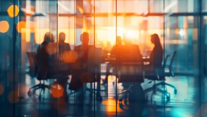 A blurred background of business people in a office meeting room, sitting around the table and discussing ideas. The focus is on their silhouettes against the glass wall behind them - obrazy, fototapety, plakaty