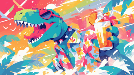 ropical T-Rex: Humanoid Dinosaur Wearing Sunglasses in Vibrant Vector Illustration