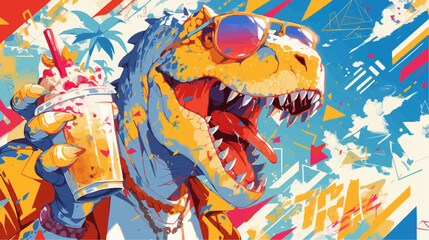ropical T-Rex: Humanoid Dinosaur Wearing Sunglasses in Vibrant Vector Illustration