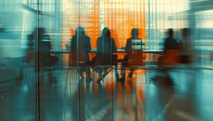 A blurred background of business people in a office meeting room, sitting around the table and discussing ideas. The focus is on their silhouettes against the glass wall behind them - obrazy, fototapety, plakaty