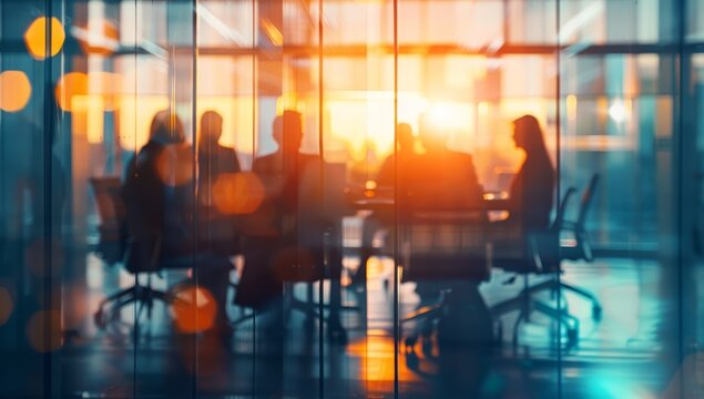 A blurred background of business people in a office meeting room, sitting around the table and discussing ideas. The focus is on their silhouettes against the glass wall behind them