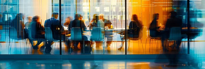Foto op Plexiglas A blurred background of business people in a office meeting room, sitting around the table and discussing ideas. The focus is on their silhouettes against the glass wall behind them © korisbo