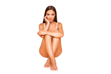 Full legs body size portrait of charming pretty cute lovely lady she sits on the floor hug herself...