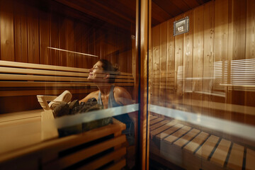 Obraz na płótnie Canvas Relaxed Woman in a Wooden Sauna