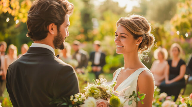 Young couple getting married outdoor with guests sitting in background - Happy caucasian bride and groom with a bouquet of flowers - Models by AI generative
