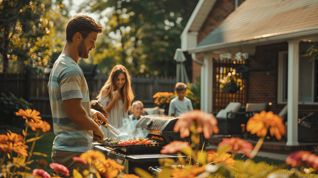 Happy family cooking vegetarian barbecue  at house backyard - Young mother having playful time with children outdoor - Models by AI generative