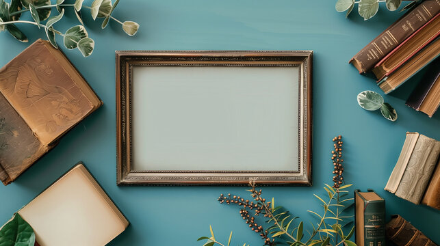 Frame design for book festival. Wooden frame with blank white plain for text surrounded by classic old books and plants decorations on a green wall background.