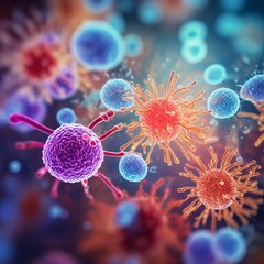 Macro shot of different types of microbes. Virus cells and bacteria on abstract background - obrazy, fototapety, plakaty
