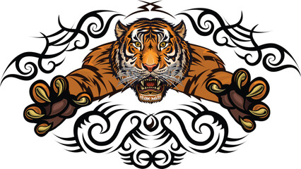 Angry tiger in jump. Color tattoo