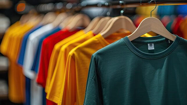 Row of colorful t-shirts on hangers in a clothing store. Retail display concept for fashion and shopping themes