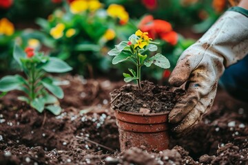 A gardeners gloved hand delicately holds a seedling ready to plant against a backdrop of brightly blooming flowers rustic garden tools and soil with ample space for text
