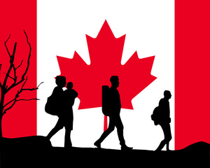 Immigration and refugees front of Canada flag, immigrant and refugee concept
