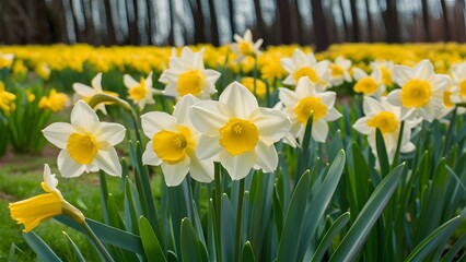 Obraz premium Beautiful panoramic spring background with daffodils flowers growing outdoors