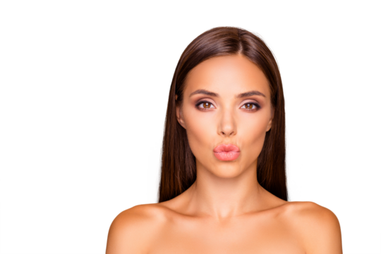 Adorable charming brunette hair lady with her naked shoulders she send kiss look at camera isolated on pastel beige background with copy space for text