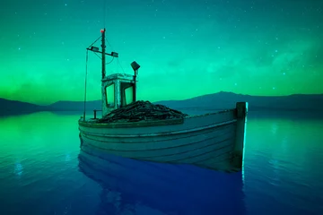 Fototapete Rund Mesmerizing Aurora Borealis Display Above a Lone Fishing Boat in a Calm Lake © Dabarti