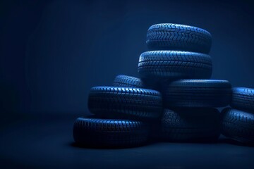 Automotive tire stack on dark background, auto parts and repair shop advertisement, high-contrast digital illustration