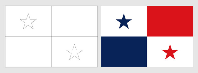 Obraz na płótnie Canvas Panama flag - coloring page. Set of white wireframe thin black outline flag and original colored flag.