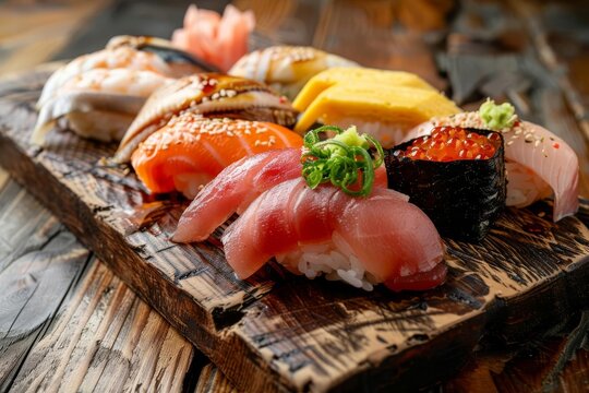Assorted Nigiri and Sushi Rolls Served on Rustic Wooden Board, Japanese Cuisine Still Life