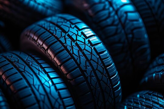 Automotive tire stack on dark background, auto parts and repair shop advertisement, high-contrast digital illustration