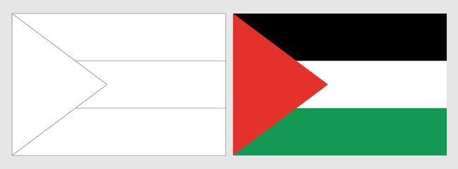 Palestine flag - coloring page. Set of white wireframe thin black outline flag and original colored flag.