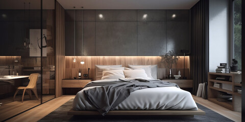 Interior of bedroom in modern house in contemporary style.