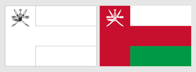 Oman flag - coloring page. Set of white wireframe thin black outline flag and original colored flag.