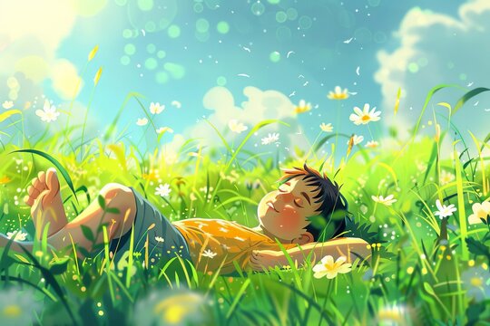 Boy relaxing in lush green grass field, vibrant nature landscape, digital illustration