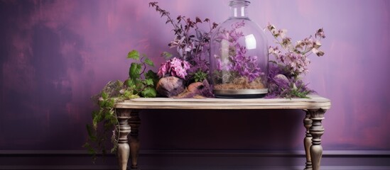 A beautiful display of flowers in a glass dome on a table in front of a purple wall. The vibrant violet and magenta petals pop against the backdrop