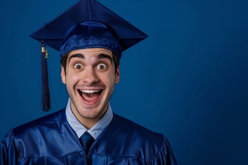 Graduate in blue gown and mortarboard excitement evident in his eyes isolated on a gradient background