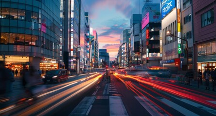 Bustling city street at dusk, illuminated by the neon lights of shops and the streaks of cars in motion, encapsulating the vibrant urban life. - obrazy, fototapety, plakaty