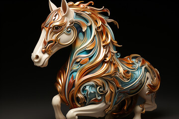Colorful statue of a horse on a black background