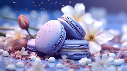 blueberry macaron is laying under some flowers