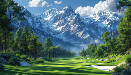 Golf Course in a Picturesque Setting Among Rocky Mountains and Hills, Tranquil Landscape for Golfing